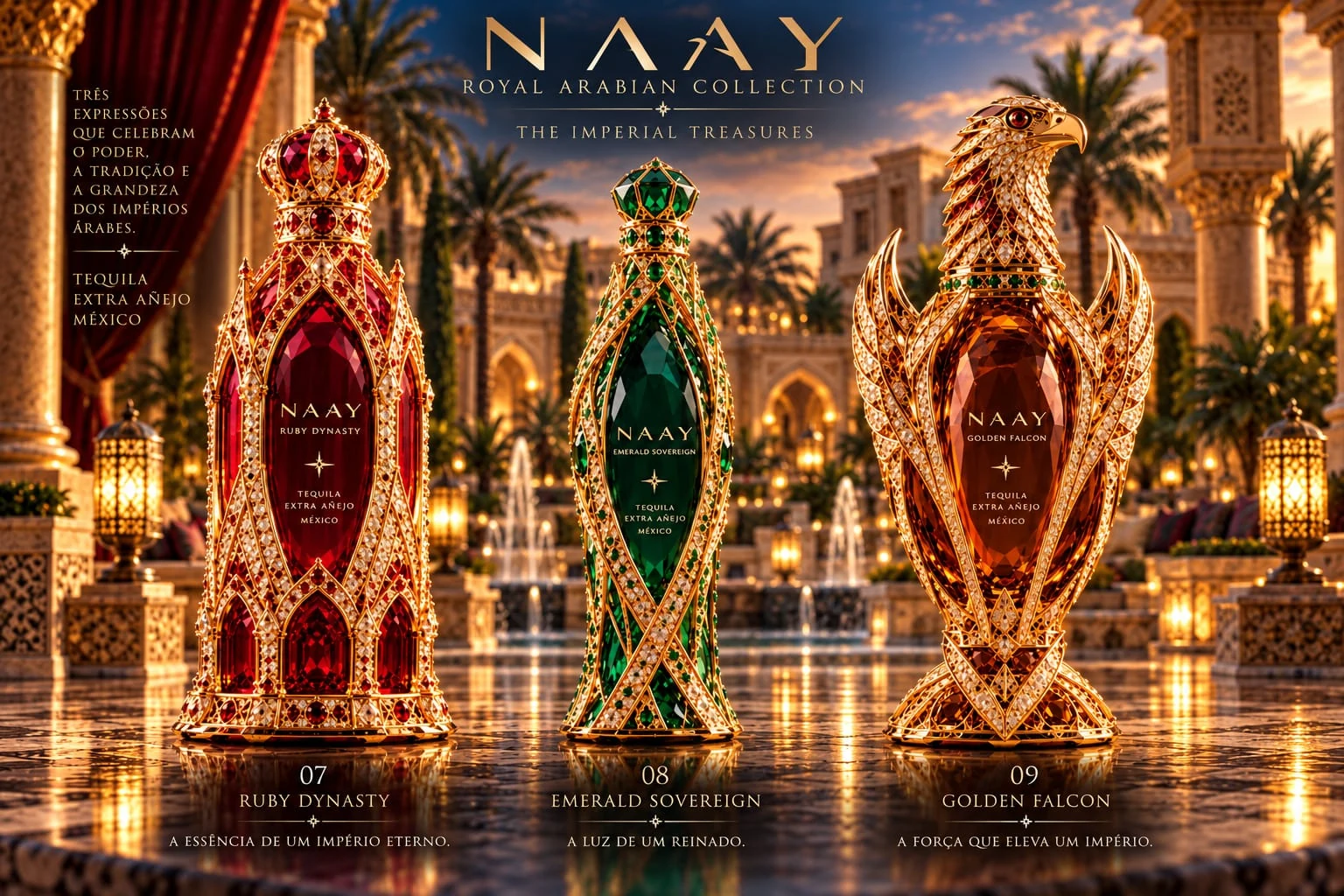 The Imperial Treasures — 07 Ruby Dynasty, 08 Emerald Sovereign and 09 Golden Falcon before palace fountains at dusk